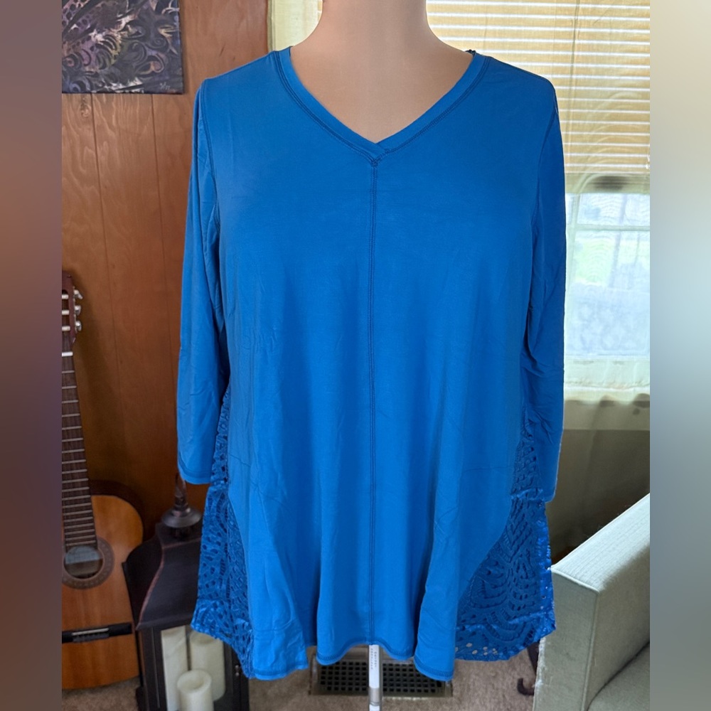 LOGO by Lori Goldstein Tunic Top w/ Lace Trim - Vallarta Blue (Size 1X)
